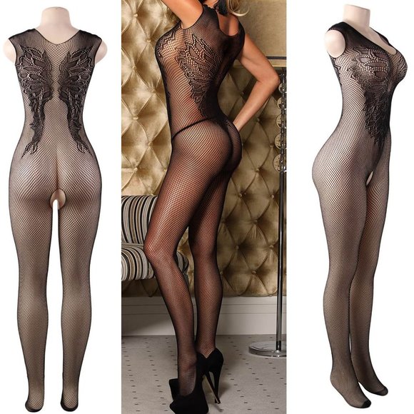 Flower Wing Pattern Fishnet Body Stocking - Picture 2 of 4